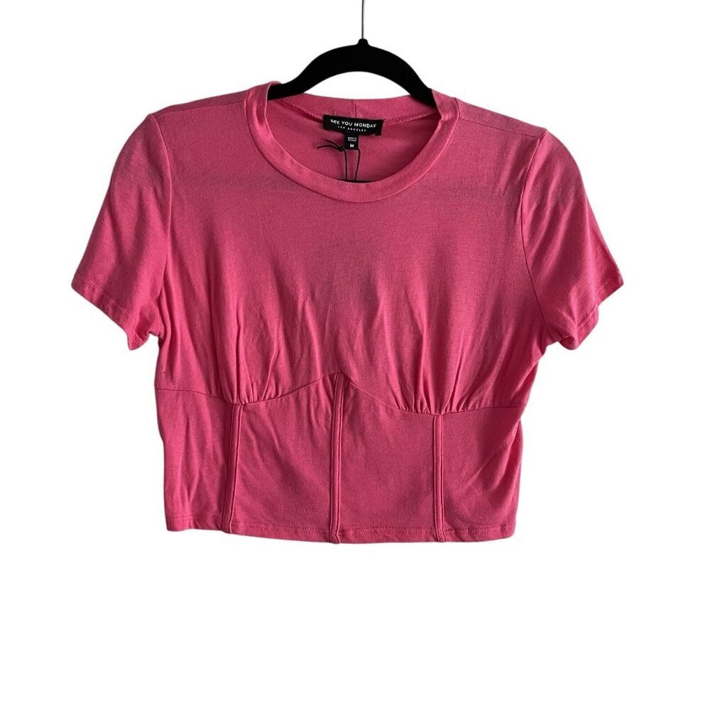 See You Monday Women M Pink Casual Short Sleeve Corset Style Cropped T-Shirt NWT